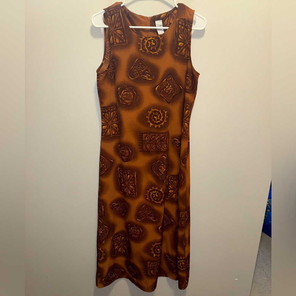 Vintage Brown, Gold, Burnt Orange Patterned Midi Dress